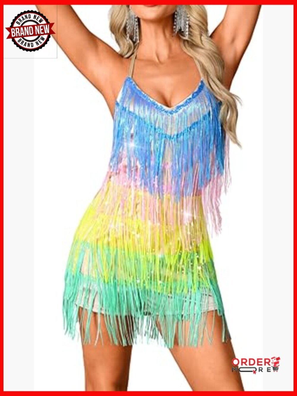 Glitter Romper Dress, Open Back, Sparkly Fringe, Concert Rave Outfit